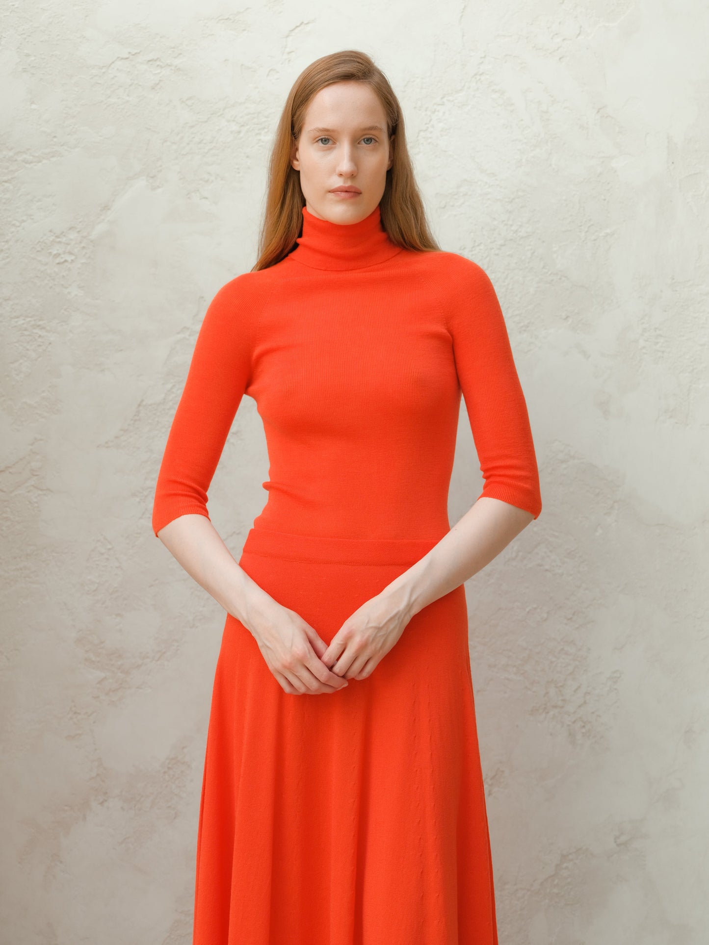 Extra Fine Merino Wool 3/4 Sleeve Ribbed Turtleneck  (3D-Knit)-3