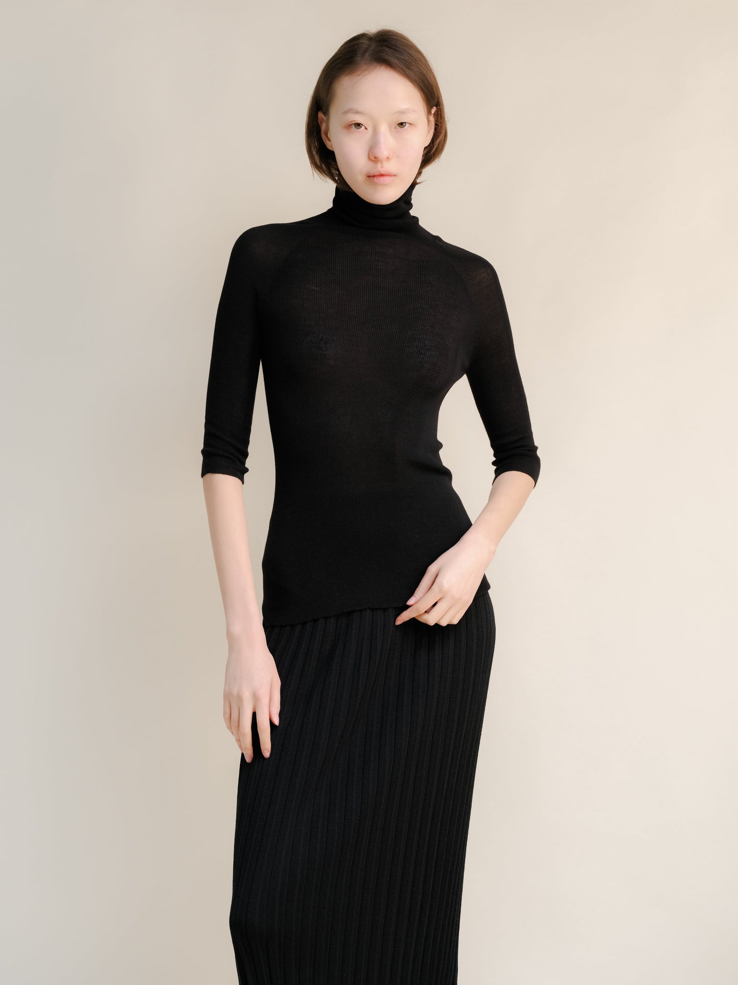 Extra Fine Merino Wool 3/4 Sleeve Ribbed Turtleneck  (3D-Knit)-9