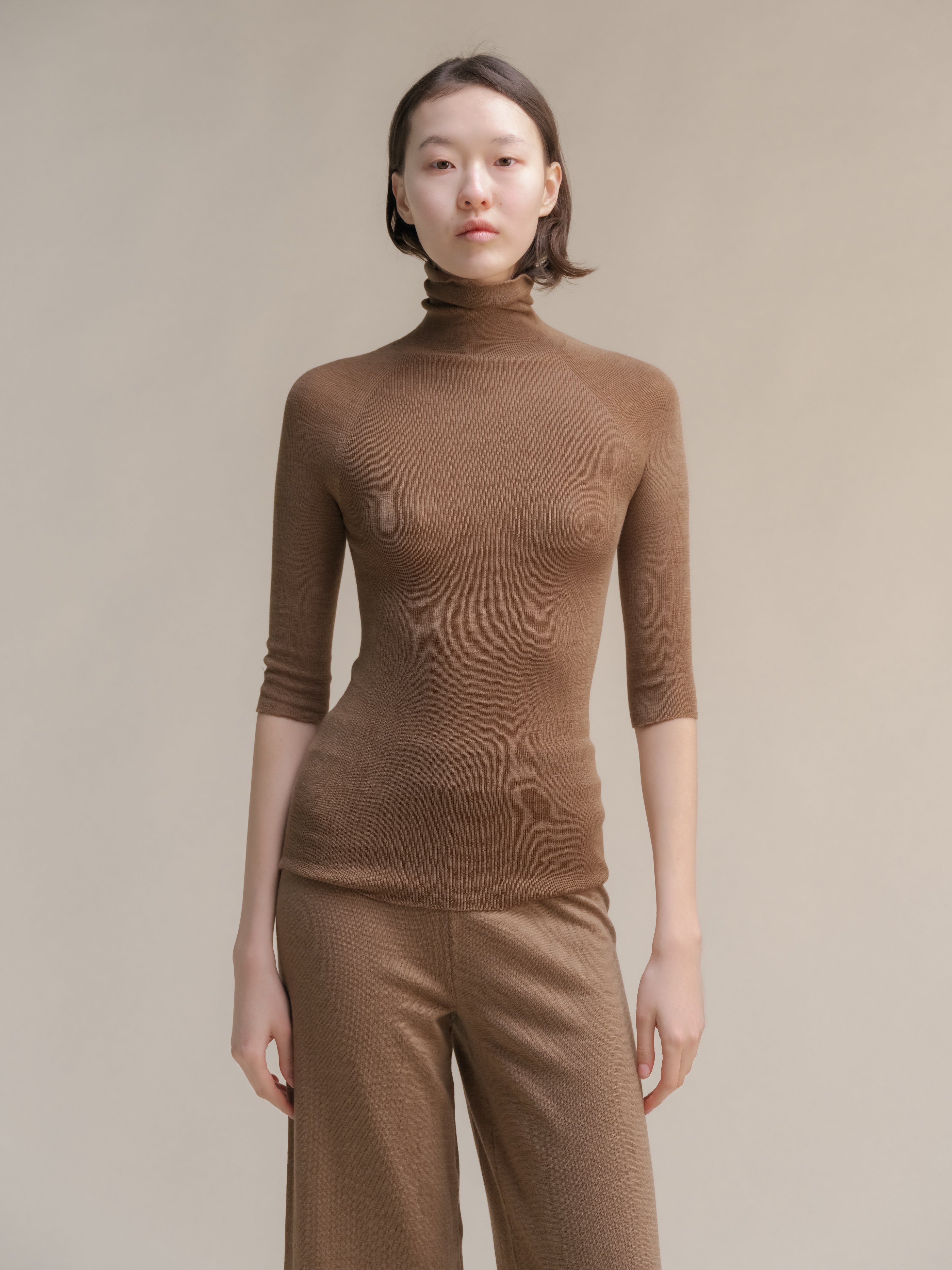 Extra Fine Merino Wool 3/4 Sleeve Ribbed Turtleneck  (3D-Knit)-14