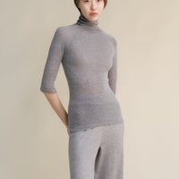 Extra Fine Merino Wool 3/4 Sleeve Ribbed Turtleneck  (3D-Knit)-5