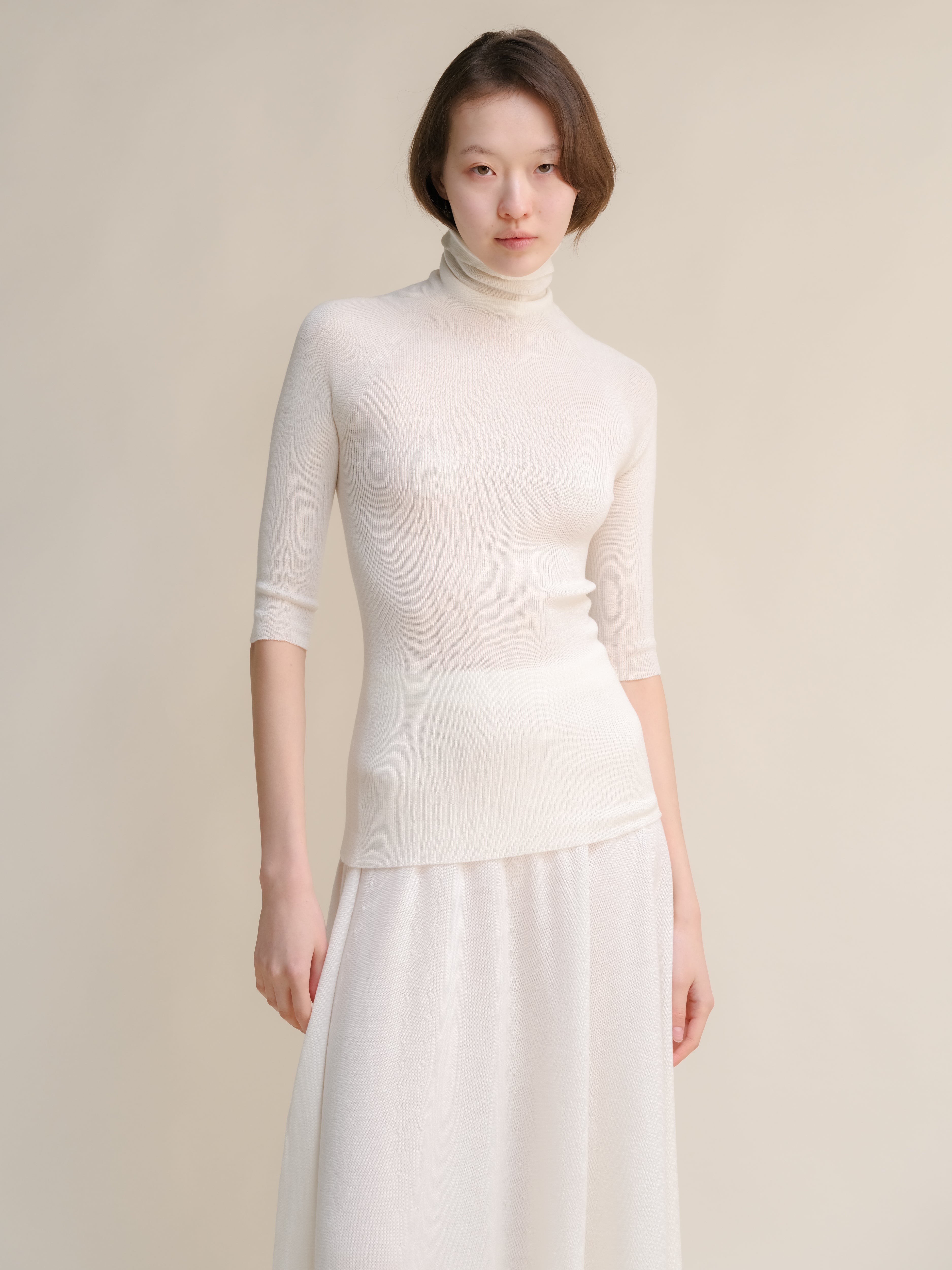 Extra Fine Merino Wool 3/4 Sleeve Ribbed Turtleneck  (3D-Knit)-7