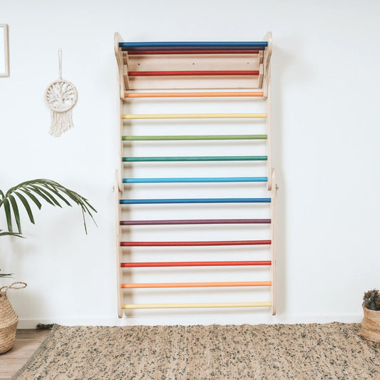 Pikler Triangle Climber with Swedish Wall Add-On (Ages 6m–7y) - Rainbow