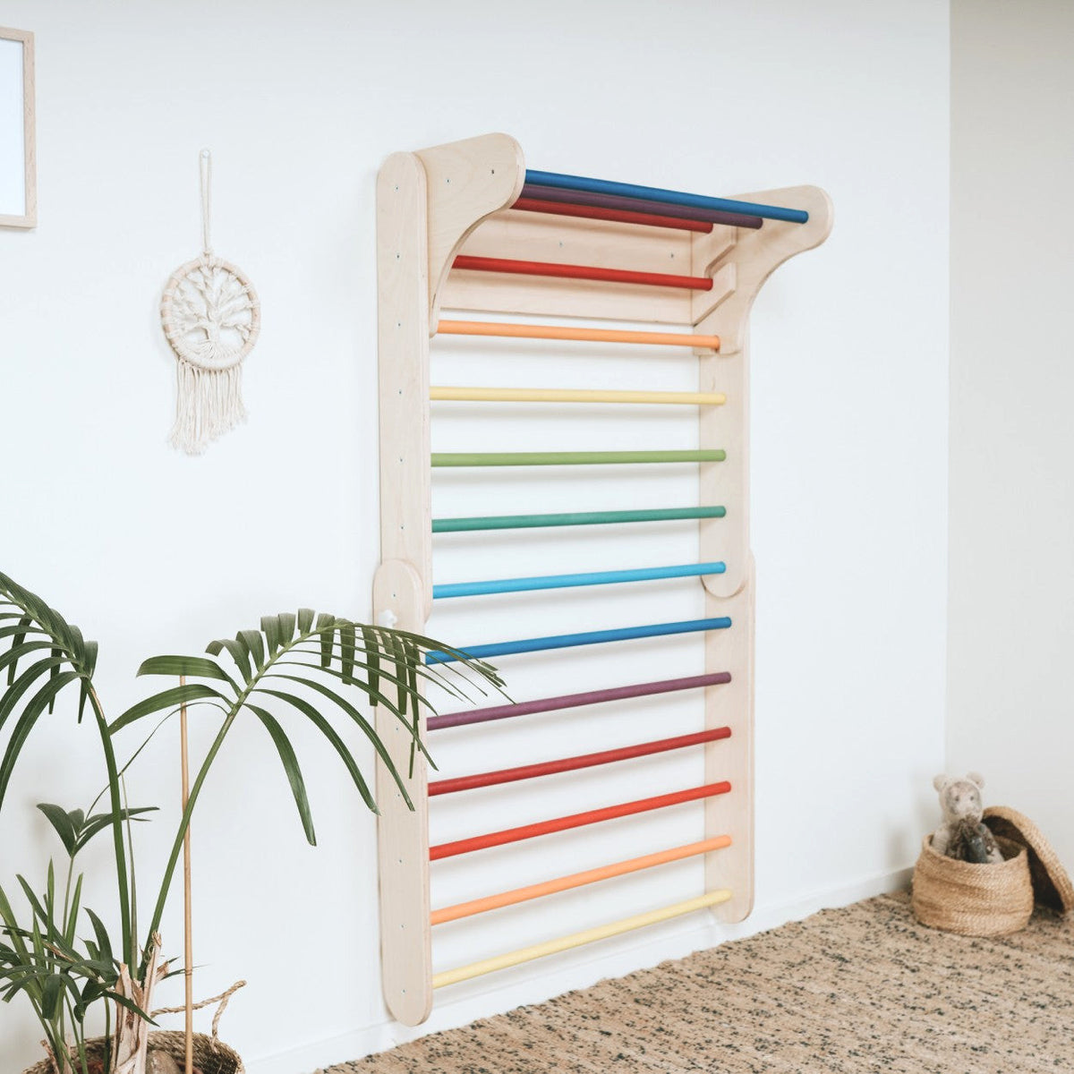 Pikler Triangle Climber with Swedish Wall Add-On (Ages 6m–7y) - Rainbow