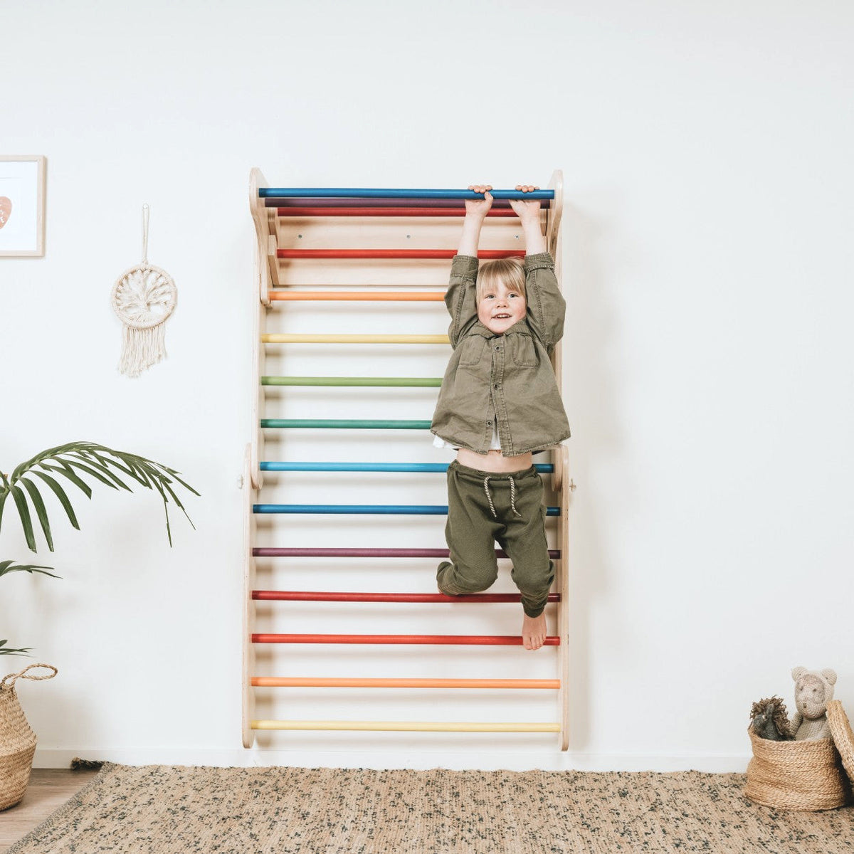 Pikler Triangle Climber with Swedish Wall Add-On (Ages 6m–7y) - Rainbow